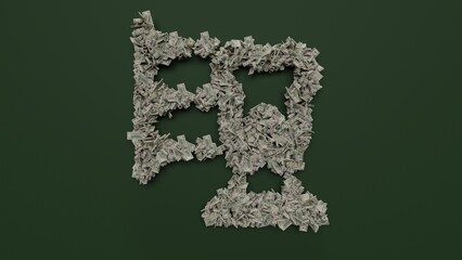3d rendering of dollar cash rolls and stacks in shape of symbol of 3d print stomatology on green background