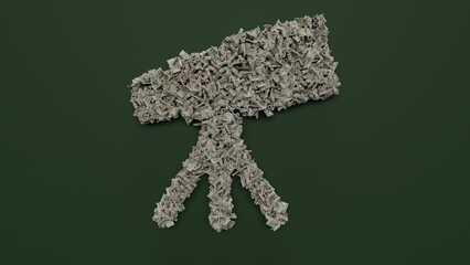 3d rendering of dollar cash rolls and stacks in shape of symbol of telescope on green background
