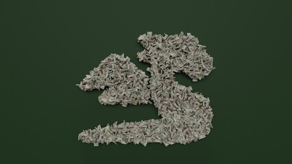 3d rendering of dollar cash rolls and stacks in shape of symbol of dragon on green background
