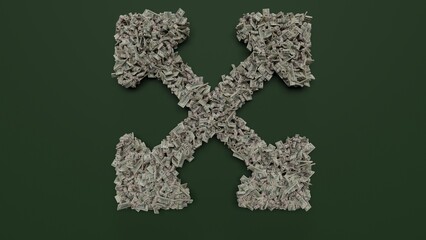 3d rendering of dollar cash rolls and stacks in shape of symbol of expand arrows on green background