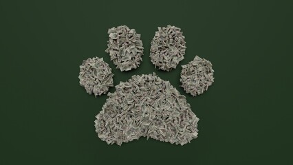 3d rendering of dollar cash rolls and stacks in shape of symbol of paw on green background