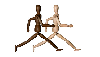 two wooden mannequins black and white running a race on a white background
