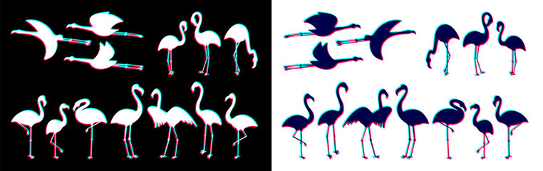 Flamingo bird glitch effect vector. Tropical summer print illustration