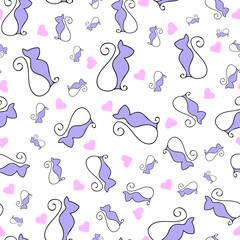 seamless repeat pattern with beautiful purple cat and pink hearts on a white background perfect for fabric, scrap booking, wallpaper, gift wrap projects

