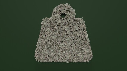 3d rendering of dollar cash rolls and stacks in shape of symbol of weight hanging on green background