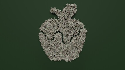 3d rendering of dollar cash rolls and stacks in shape of symbol of snow white apple on green background
