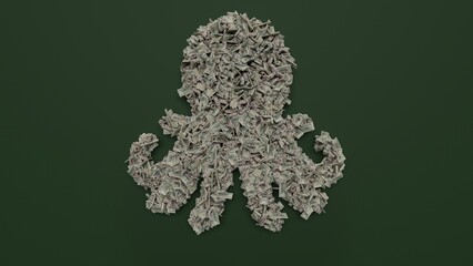 3d rendering of dollar cash rolls and stacks in shape of symbol of octopus on green background