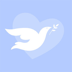 White dove with a branch on the background of a heart on a blue background. No war concept