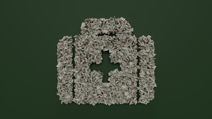 3d rendering of dollar cash rolls and stacks in shape of symbol of med kit on green background