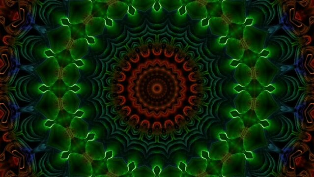 Mandala Animation M1722, a beautiful green orange and brown rotating and changing pattern, background effect, screensaver for computer, tv or mobile phone.
