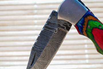 Damask hand-forged knife made of several layers of steel with an exclusive pattern photographed in...