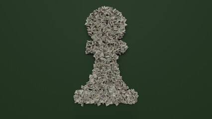 3d rendering of dollar cash rolls and stacks in shape of symbol of chess pawn on green background