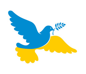 Flying dove in the colors of the national flag of Ukraine holds olive branch. Peace symbol, no war concept. Vector on transparent background
