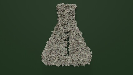 3d rendering of dollar cash rolls and stacks in shape of symbol of chemical flask on green background