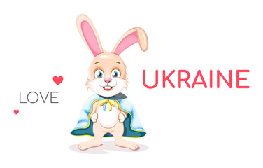 Postcard "Love Ukraine". Bunny in a raincoat and with a bow in the colors of the flag of Ukraine