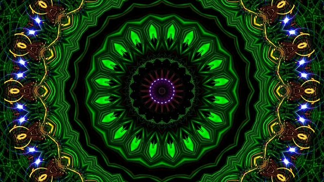 Mandala Animation M1255, a beautiful green yellow gold rotating and changing pattern, background with a shining light effect, screensaver for computer, tv or mobile phone.