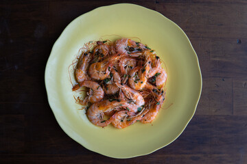 shrimp - tasty fried pink prawns served on a plate