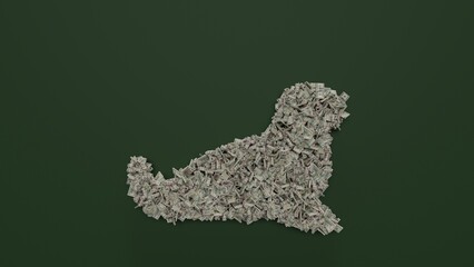 3d rendering of dollar cash rolls and stacks in shape of symbol of seal on green background