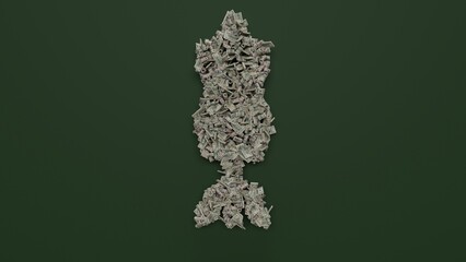 3d rendering of dollar cash rolls and stacks in shape of symbol of vintage mannequin on green background