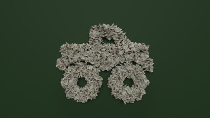 3d rendering of dollar cash rolls and stacks in shape of symbol of truck monster on green background © Destrosvet