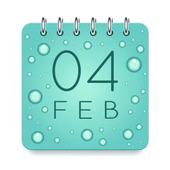 04 day of month. February. Calendar daily icon. Date day week Sunday, Monday, Tuesday, Wednesday, Thursday, Friday, Saturday. Dark Blue text. Cut paper. Water drop dew raindrops. Vector illustration.