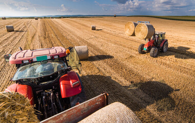 Bale on tractor trailer in farm field - obrazy, fototapety, plakaty
