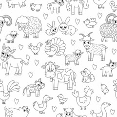 Obraz premium Vector black and white seamless pattern with farm animals and birds. Outline repeat background with cow, horse, sheep, duck and kids. Cute mother and baby digital paper. Family love coloring page.