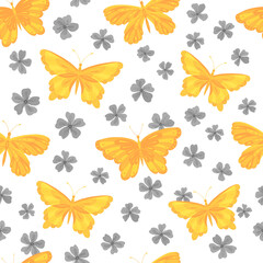 Seamless vector pattern with butterfly and  flowers. Decoration print for wrapping, wallpaper, fabric, textile. Spring background.