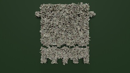 3d rendering of dollar cash rolls and stacks in shape of symbol of towel on green background