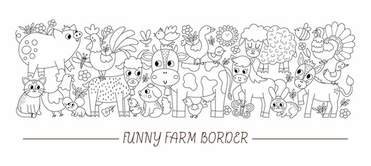 Vector black and white horizontal border set with cute farm animals, birds, insects. Rural outline card template design with country characters. Coloring page or border with cow, hen, pig, horse.