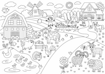 Vector black and white farm landscape illustration. Outline rural village scene with animals, barn. Cute nature background with pond, meadow, garden. Country field picture or coloring page .