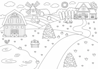 Foto op Canvas Vector black and white farm landscape illustration. Rural outline village scene with barn, country house, tractor. Nature background with pond, meadow, garden. Country field picture or coloring page. © Lexi Claus