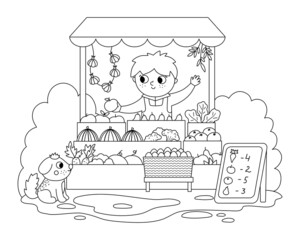 Vector black and white farmer selling fruit and vegetables in a street stall icon. Cute outline farm market scene. Rural country vendor. Funny farm cartoon salesman illustration or coloring page. - obrazy, fototapety, plakaty