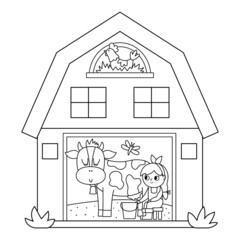 Vector black and white barn icon with girl milking cow inside. Outline farm shed coloring page. Woodshed with windows and hen in the nest. Rural or garden outhouse illustration.