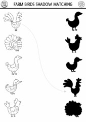 Black and white farm shadow matching activity with birds. Country village line puzzle with cute hen, rooster, goose, turkey. Find correct silhouette printable coloring game. On the farm page for kids.