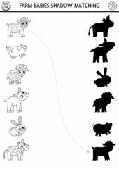 Black and white farm shadow matching activity with baby animals. Country village line puzzle with cute calf, piglet, lamb. Find correct silhouette printable coloring game. On the farm page for kids.