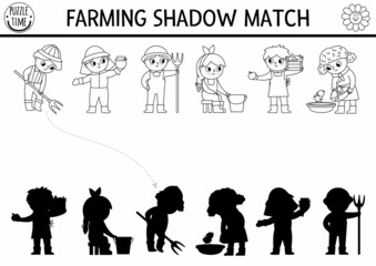 Black and white farm shadow matching activity with cute kid farmers. Country line village puzzle with beekeeper, dairymaid. Find correct silhouette printable coloring game. On the farm page.