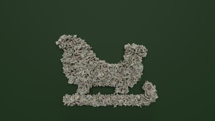 3d rendering of dollar cash rolls and stacks in shape of symbol of sleigh on green background