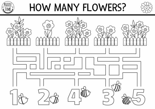 Black and white farm or garden maze for kids with flowerbeds, bees, fence. Countryside line preschool printable counting activity. Labyrinth coloring game or math puzzle with cute flowers.