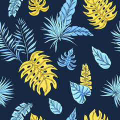 Tropic painting seamless pattern with tropical leaves. Tropical botanical Motives. Vector illustration. Summer decoration print for wrapping, wallpaper, fabric.