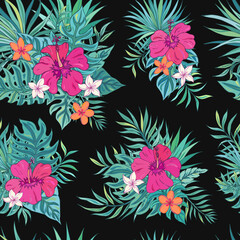 Tropic seamless pattern with hibiscus, plumeria and tropical leaves. Summer decoration print for wrapping, wallpaper, fabric. Seamless vector texture. Tropical bouquet flowers.