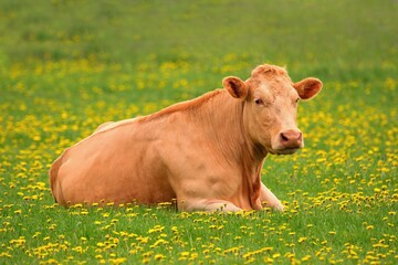 Lovely cow lying in the pasture with blooming dandelions - Limousin breed - obrazy, fototapety, plakaty