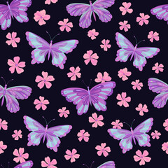 Fototapeta premium Seamless vector pattern with butterfly and sakura flowers. Decoration print for wrapping, wallpaper, fabric, textile. Spring background.