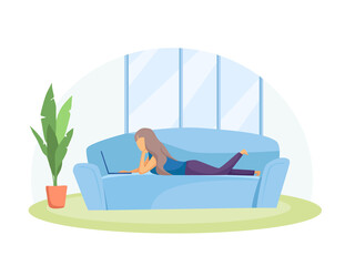 The woman is licking on the couch. Distance learning, freelance, online. Home office concept. Vector cartoon illustration