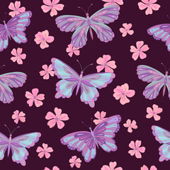 Fototapeta premium Seamless vector pattern with butterfly and sakura flowers. Decoration print for wrapping, wallpaper, fabric, textile. Spring background.