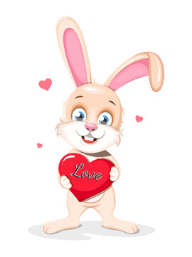 Cute cartoon bunny holding a heart with the inscription "Love"