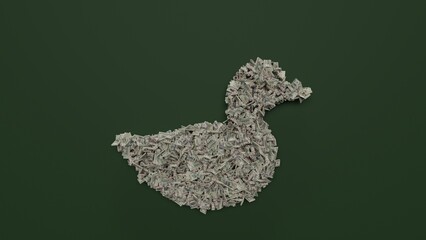 3d rendering of dollar cash rolls and stacks in shape of symbol of duck on green background