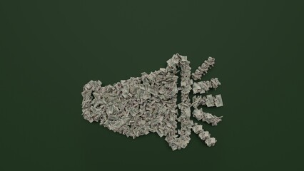 3d rendering of dollar cash rolls and stacks in shape of symbol of megaphone on green background