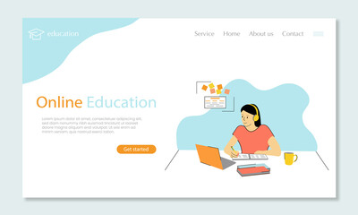 Online education. Distance learning. A dark-skinned Girl sitting at the table with a laptop, computer, a cup of tea, notebook on a blue background. A person works at home.Freelancer .Landing page