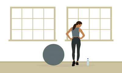 Fototapeta premium Female character in sportswear, with gymnastic ball and bottle of water in the gym